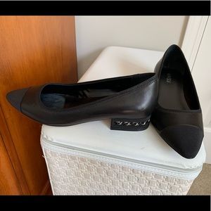 VanEli black leather flats with chain detail heel